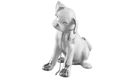 Handbemalte Keramik Boxerwelpen sitzend mit Swarovski Hundehalsband und Platinzeichnung