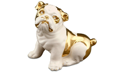 Handbemalte Keramik Bulldogge mit Swarovski Augen und Goldzeichnung